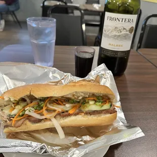 Pork bahn mi and Frontera Malbec.