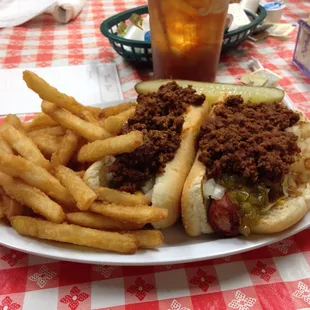 Two hot dog with fries meal. The chili was out of this world.