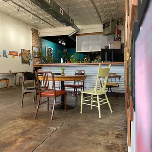 a kitchen and dining area