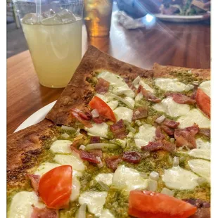 Bacon pesto pizza and ginger lemonade. Delish!