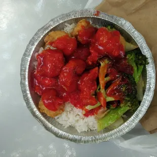 Sweet and sour chicken, white rice