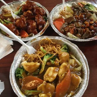General Tso's chicken, curry chicken with lo mein, and Kung pao beef!
