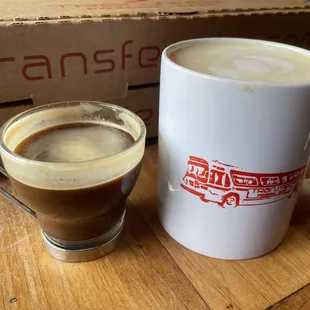 Double shot of espresso and an almond latte.