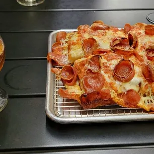Beer and pepperoni Detroit style pizza