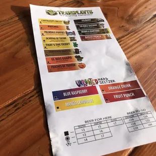 the menu for the brewery