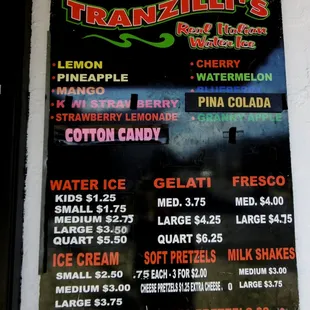 Menu of all they sell