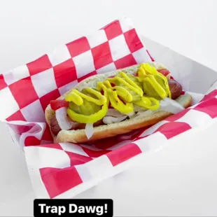 a hot dog with mustard and ketchup