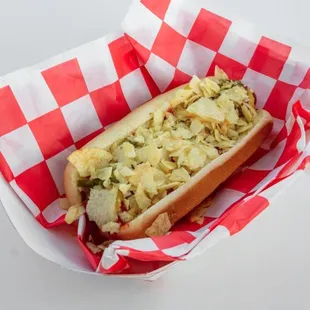 a hot dog in a basket