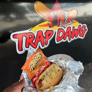 a hand holding a hot dog and chips