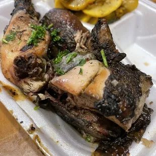 Jerk Chicken with rice and beans   Grilled Squash and Zucchini