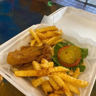 Vegan Chicken Sandwich and fries