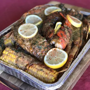 Lobster, double crab, double shrimp and salmon.