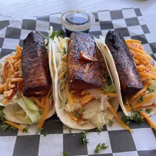 Blackened mahi-mahi tacos.  Over cooked and too salty.