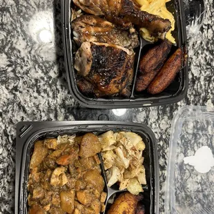 Chicken curry and jerk chicken plate