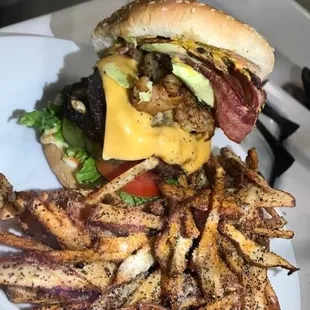a cheeseburger and fries