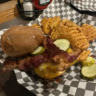 Burger and waffle fries