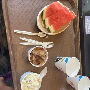 Watermelon, cobbler, and coleslaw