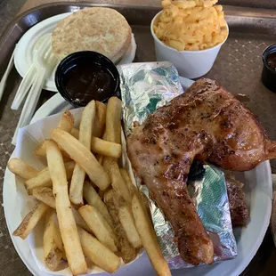 Sampler platter (ribs hidden by the brisket in tin foil), mac and cheese (VILE!!!!), sugar cookies.