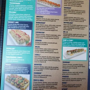 Menu:  special sushi rolls