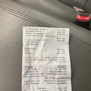 Voided receipt with time stamps of Payment and when the order was canceled.