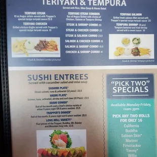 Menu: Teriyaki, tempura; sushi entrees