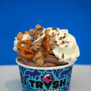 #8: The Boombox - chocolate ice cream blended with cookie dough, salty mini pretzels, heath bar, and topped with whipped cream