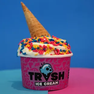#11 Rainbow Unicorn: vanilla ice cream blended with rainbow sprinkles and topped with a mini cone.