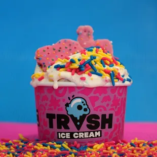 #15 Circus Cup: vanilla ice cream blended with rainbow sprinkles and colorful frosted circus cookies.