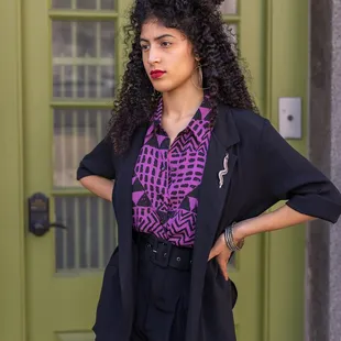 The Dark Wave collection, featuring a wide-range of office appropriate styles in black solid and bold 1980s-inspired Darkwave print.