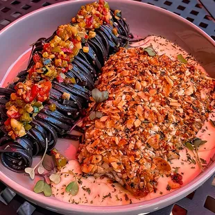 Nut Crusted Salmon and Squid Ink Linguini