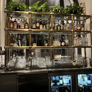 a bar with a lot of bottles and glasses