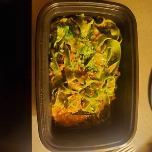 Spinach tagliatelle, three meat Bolognese pasta