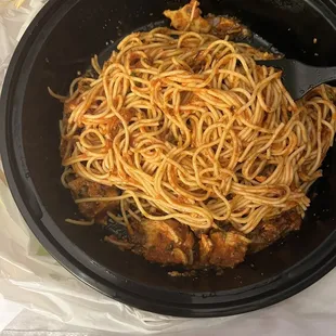 Lunch portion  grilled chicken w/ marinara &amp; spaghetti