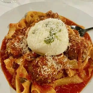 Pappardelle Pasta with meatballs topped with burrata cheese. Chefs special of the night.