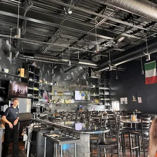 a man standing in front of a bar