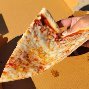 a hand holding a slice of pizza