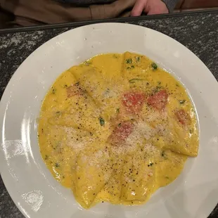 Ravioli Mezze Lune all &apos; Aragosta  My boyfriend thoroughly enjoyed this dish! He loved the saffron sauce!