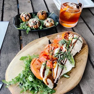 a plate of food and a drink