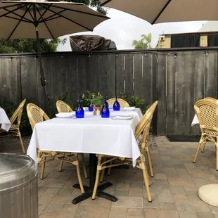 Patio dining with umbrellas and heat lamps.