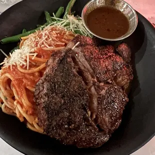 Ribeye with pasta subbed for mashed potatoes.