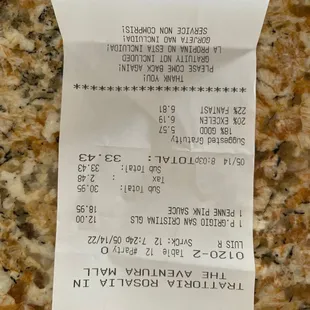 a receipt for a pizza