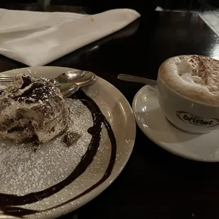 Tiramisu (not fresh) and cappuccino