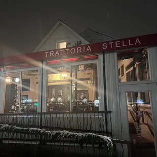 Trattoria Stella store front during recent snow dusting