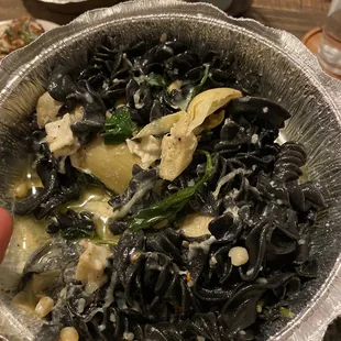 Artichoke and brie squid ink pasta