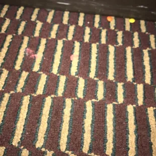Pills and other dirt and debris on carpet around bed