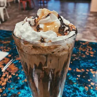 a chocolate milkshake with whipped cream and caramel