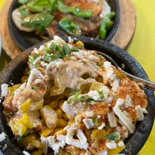 Chicken fajitas and elote!