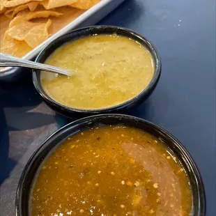 Very good salsas! One slightly spicy, the green one is spicy and will build in heat as you eat it
