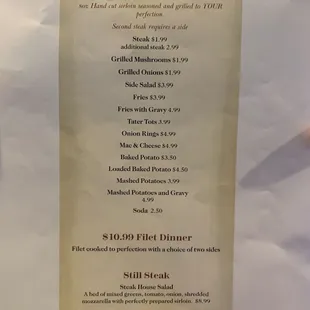 Steak menu
