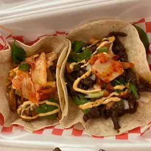 Teriyaki chicken and Bulgogi beef tacos